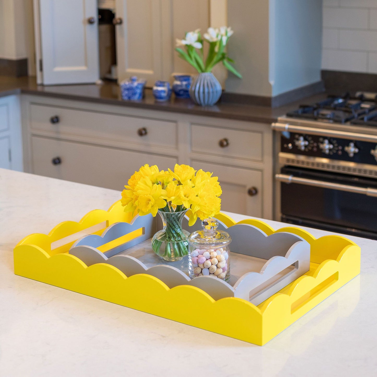 Large, yellow lacquer tray and a chiffon gray serving tray