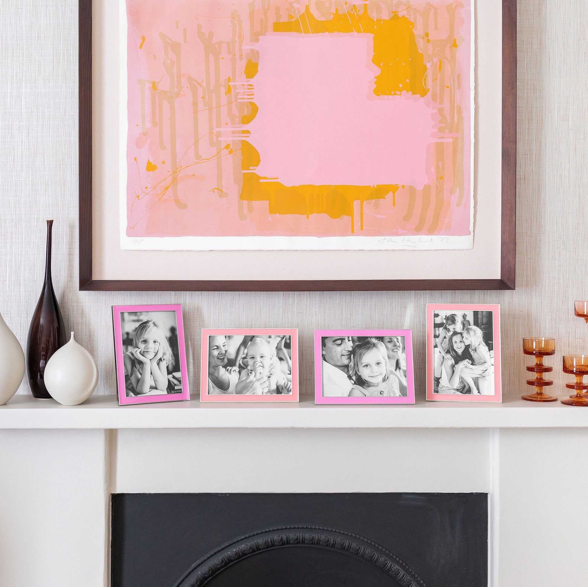 Four 5x7 in. Silver Trim, Coral Pink and Electric Pink Enamel Photo Frames