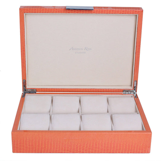 Large orange watch box with cream suede interior