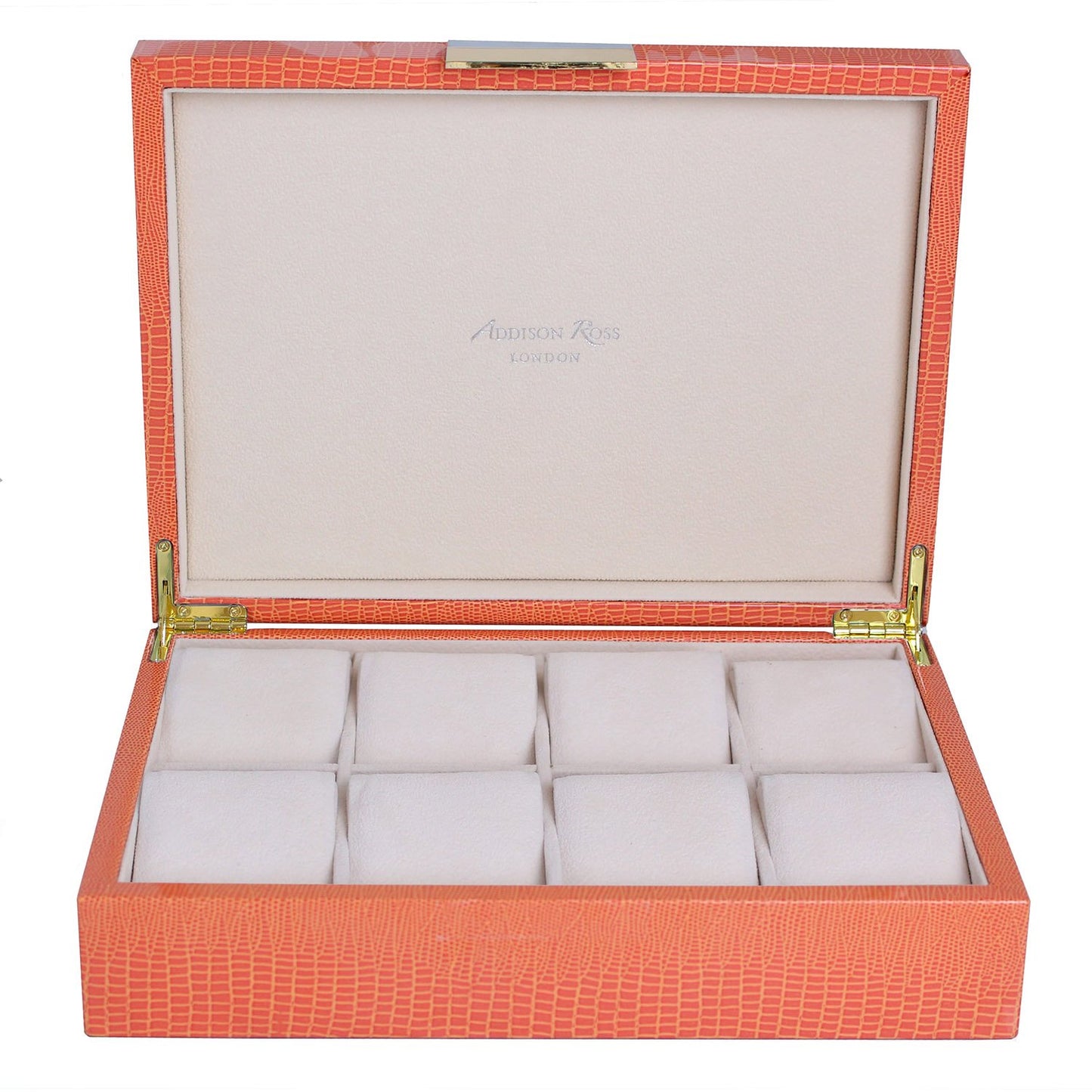 Large orange watch box with cream suede interior