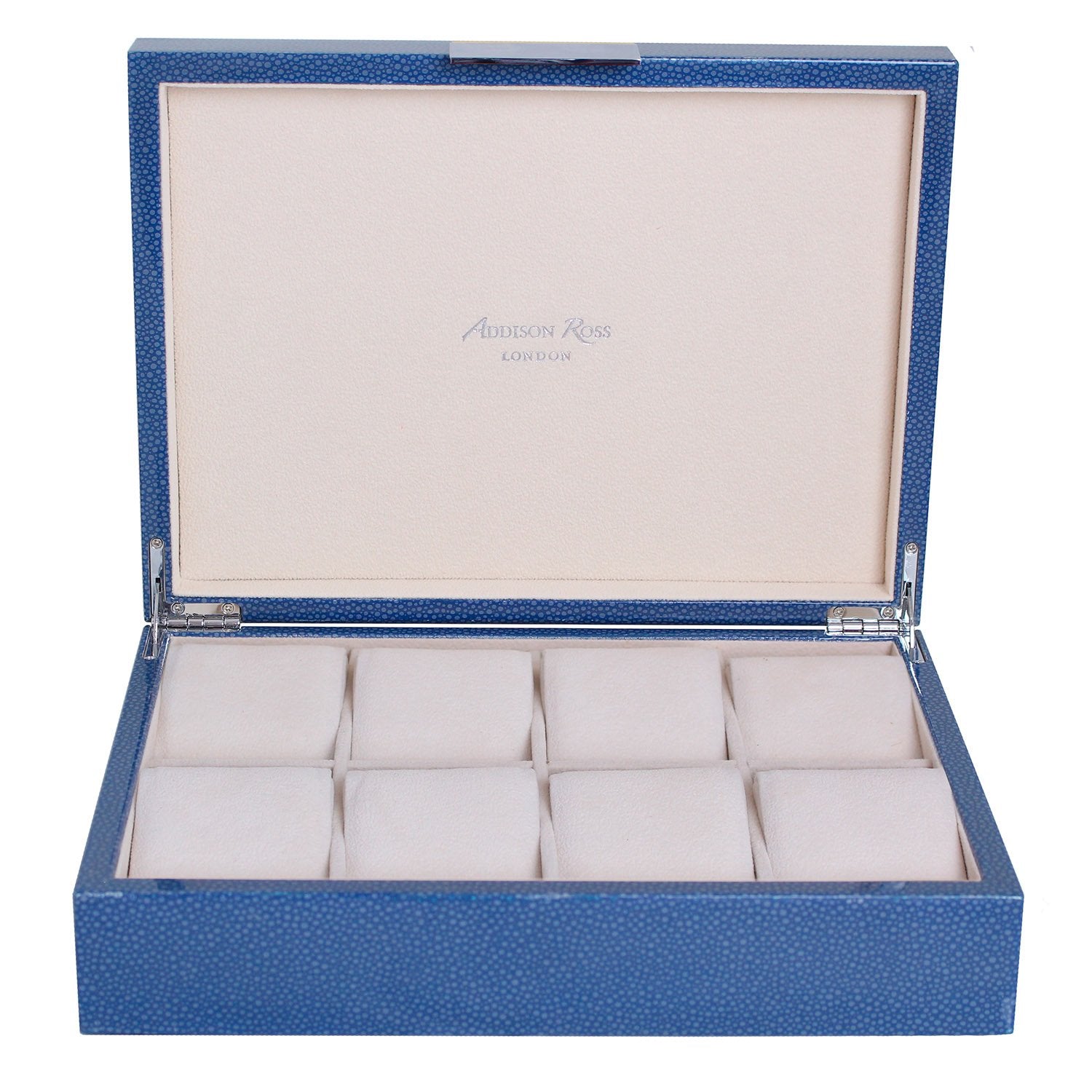 Large blue watch box with cream suede interior