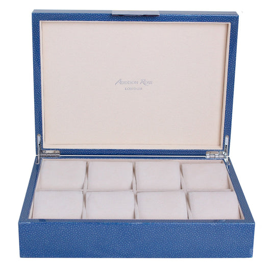 Large blue watch box with cream suede interior