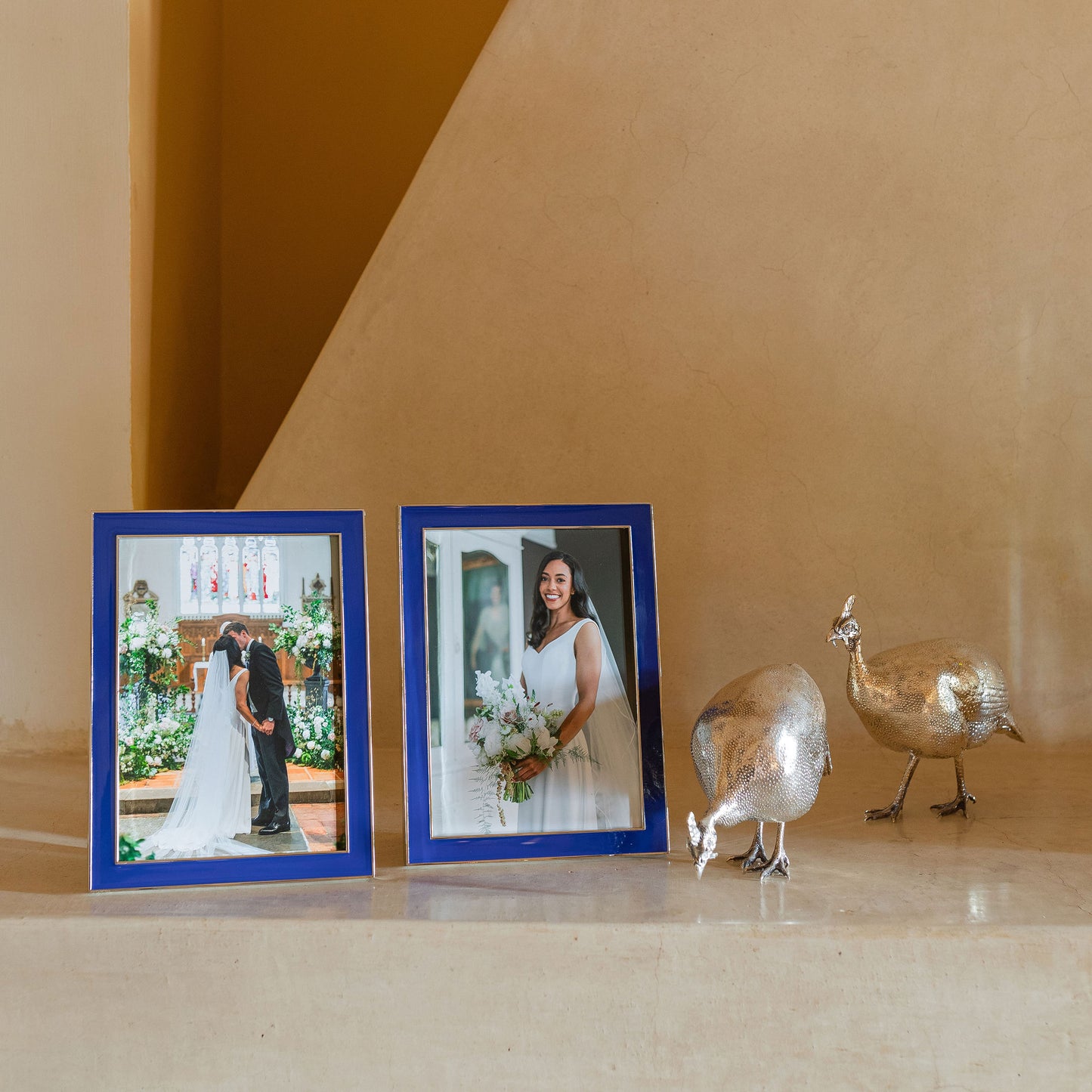 Two 5x7 in. Royal Blue Enamel Photo Frames with Silver Trim