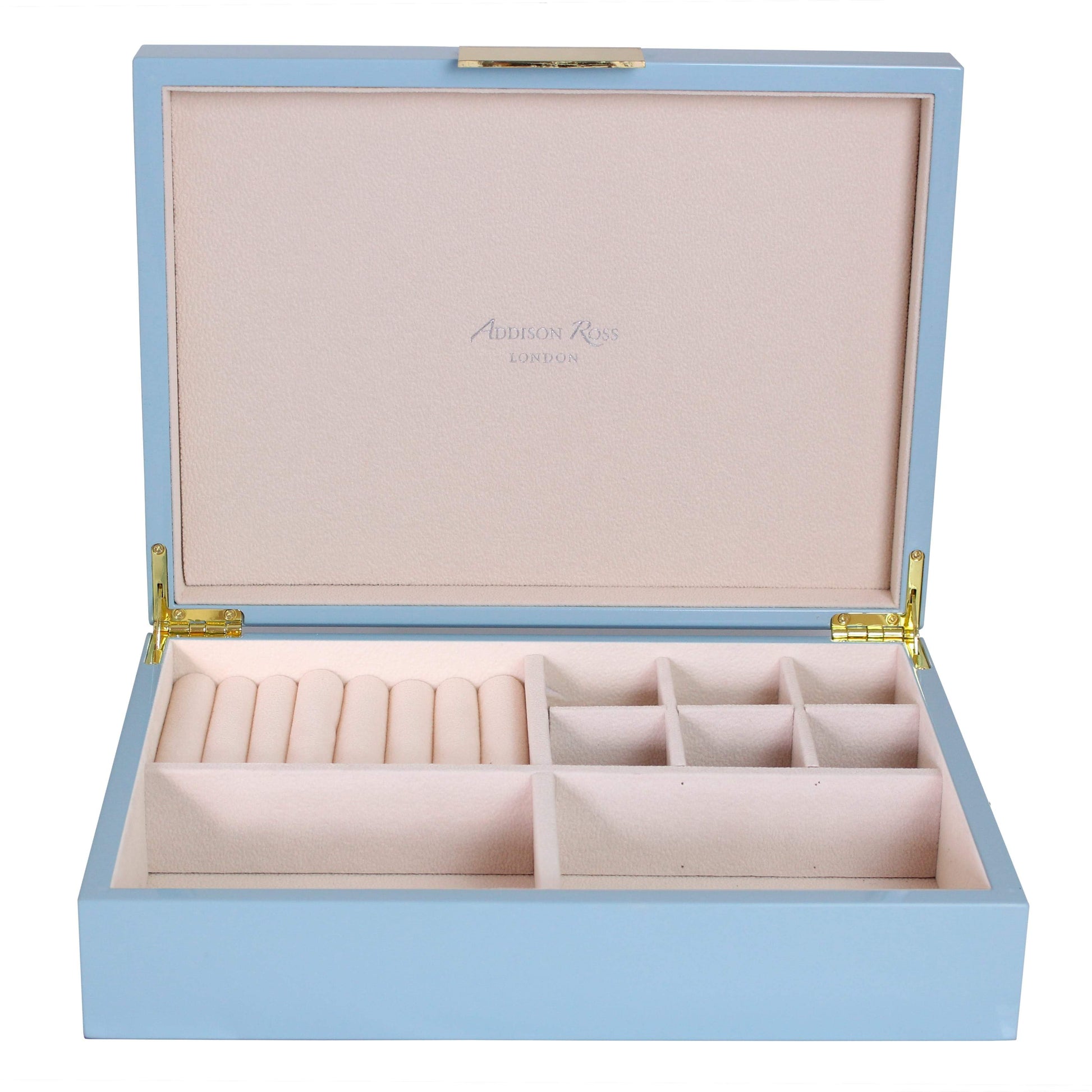 Large pale blue jewelry box with suede interior