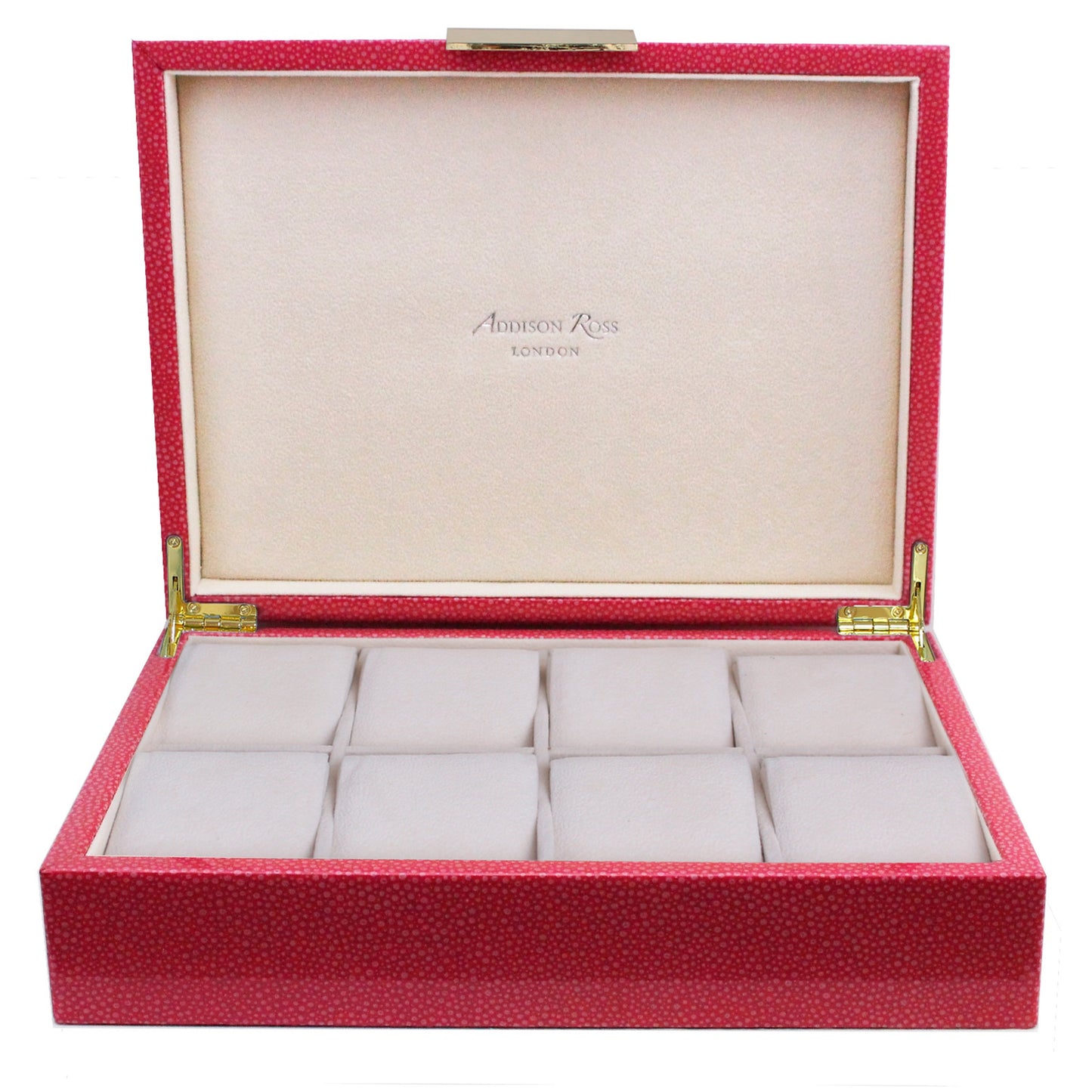 Large pink watch box with cream suede interior