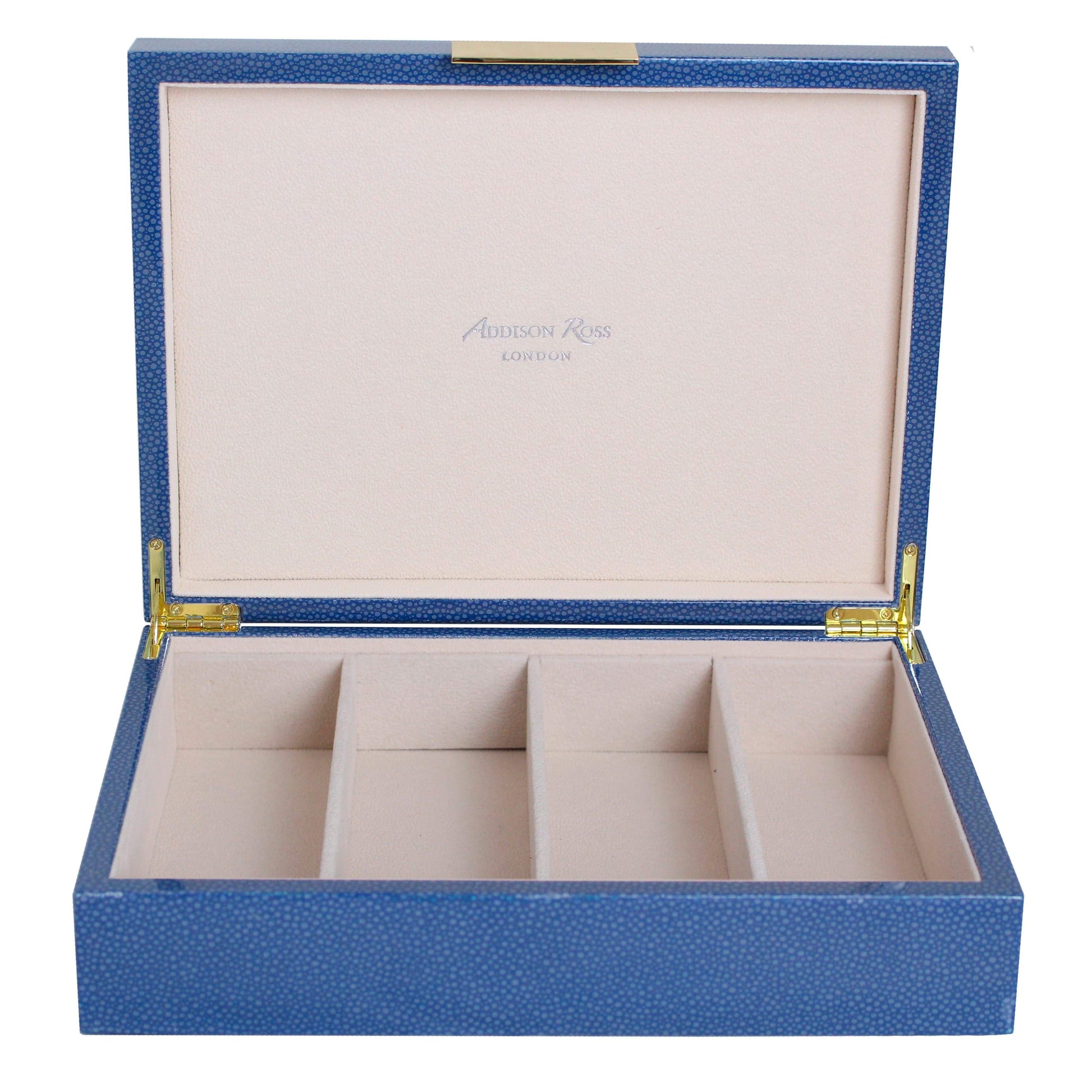Large blue glasses box with cream suede interior