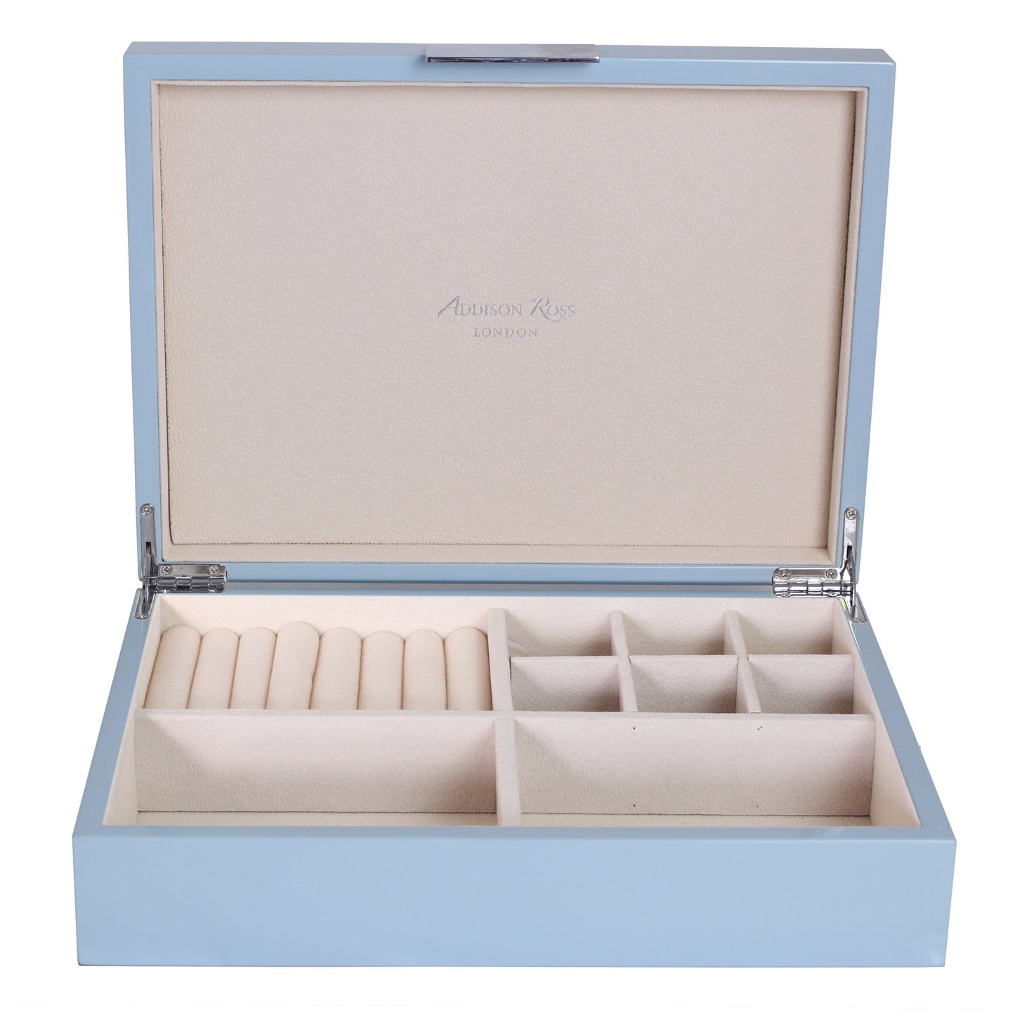 Large pale blue jewelry box with suede interior