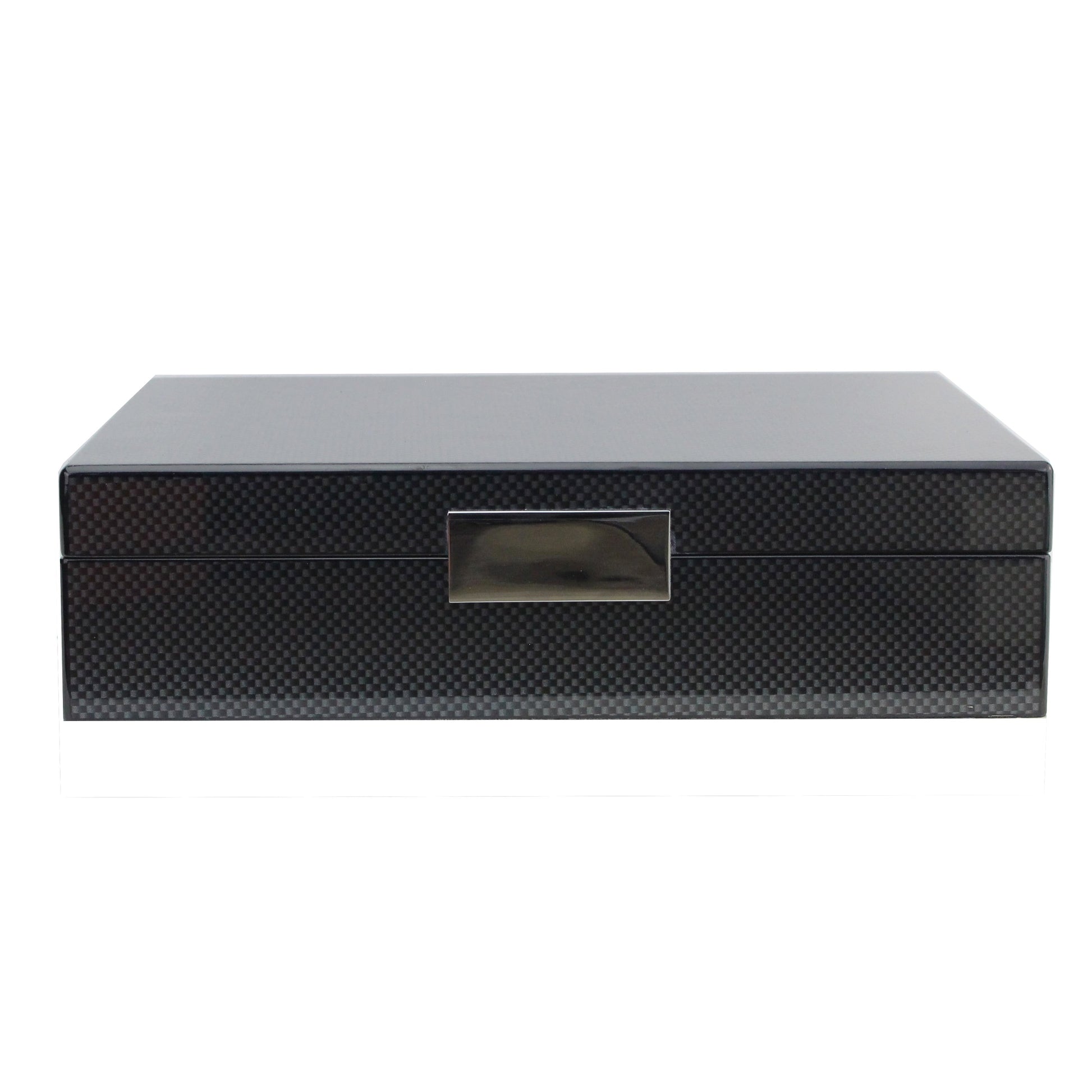 Large carbon fibre storage box with silver plated clasp