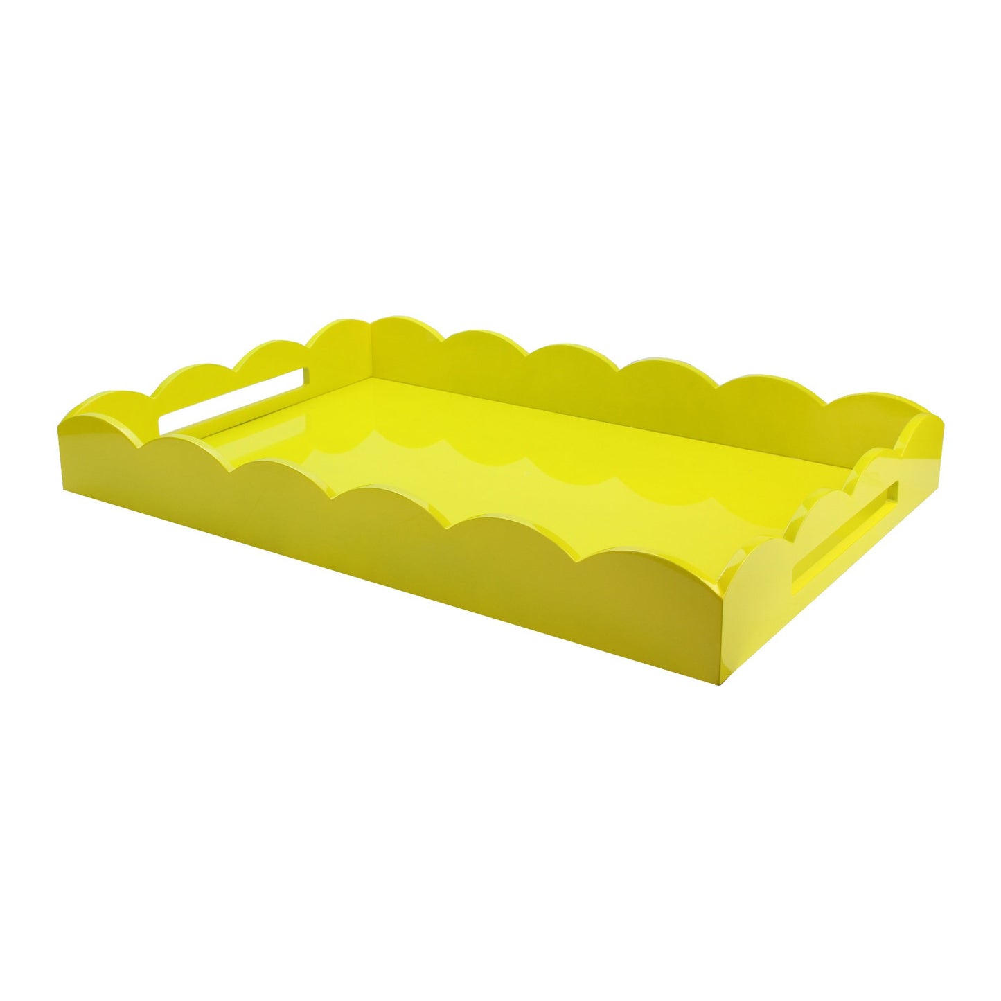 Large, yellow lacquer tray with scalloped edge