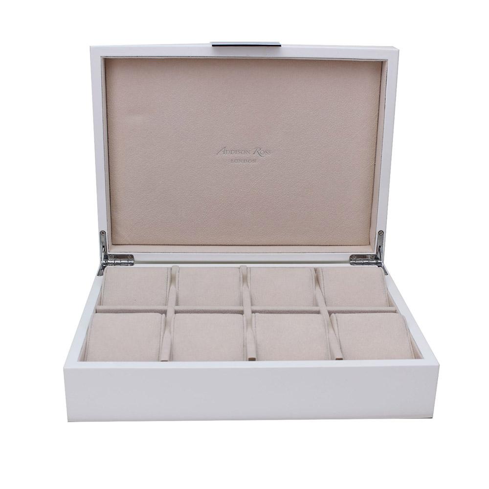Large white watch box with cream suede interior